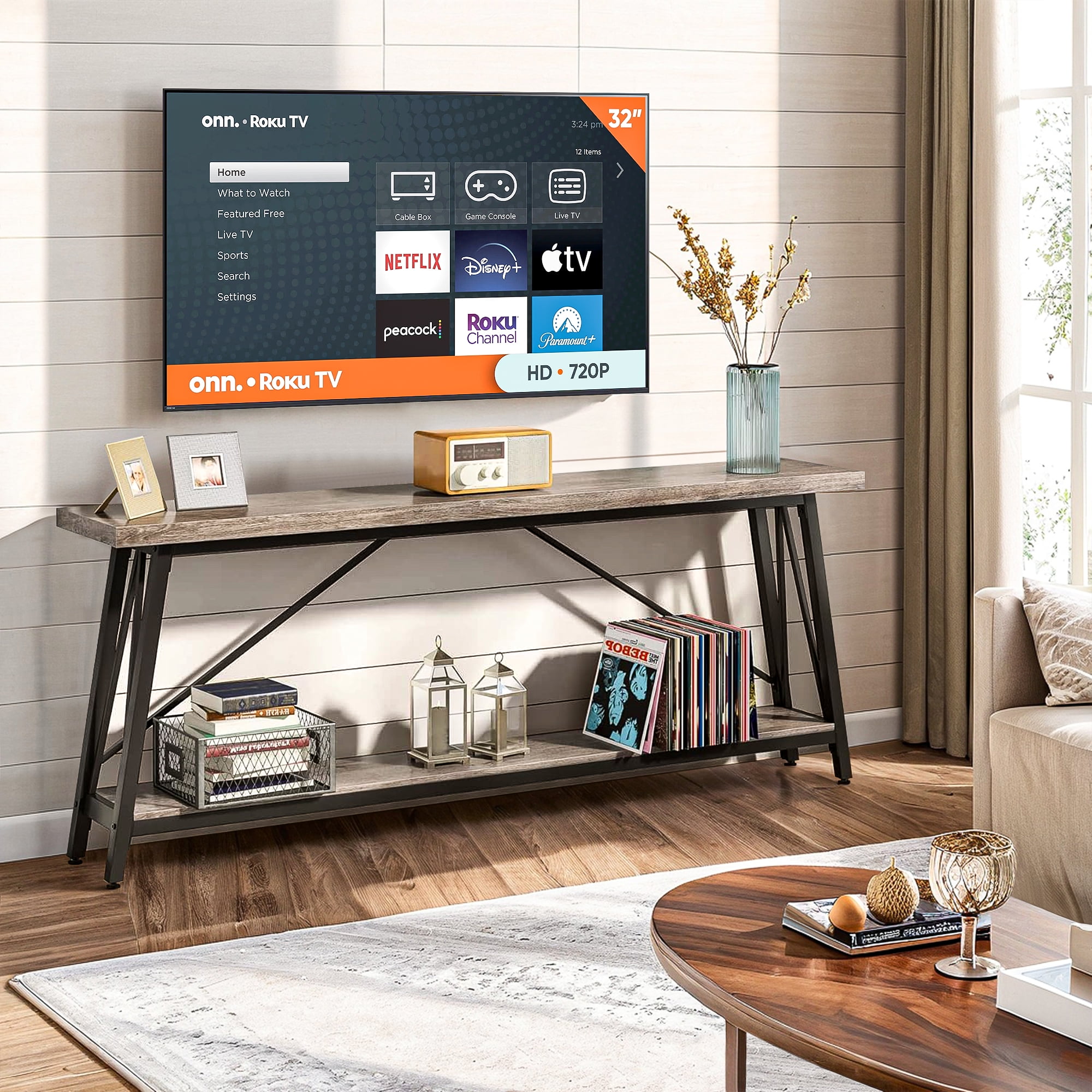 Demi Bonn 70.9" Console Table, Rustic Vintage Narrow Sofa Table for Entryway, Living Room, Hallway, Gray & Black