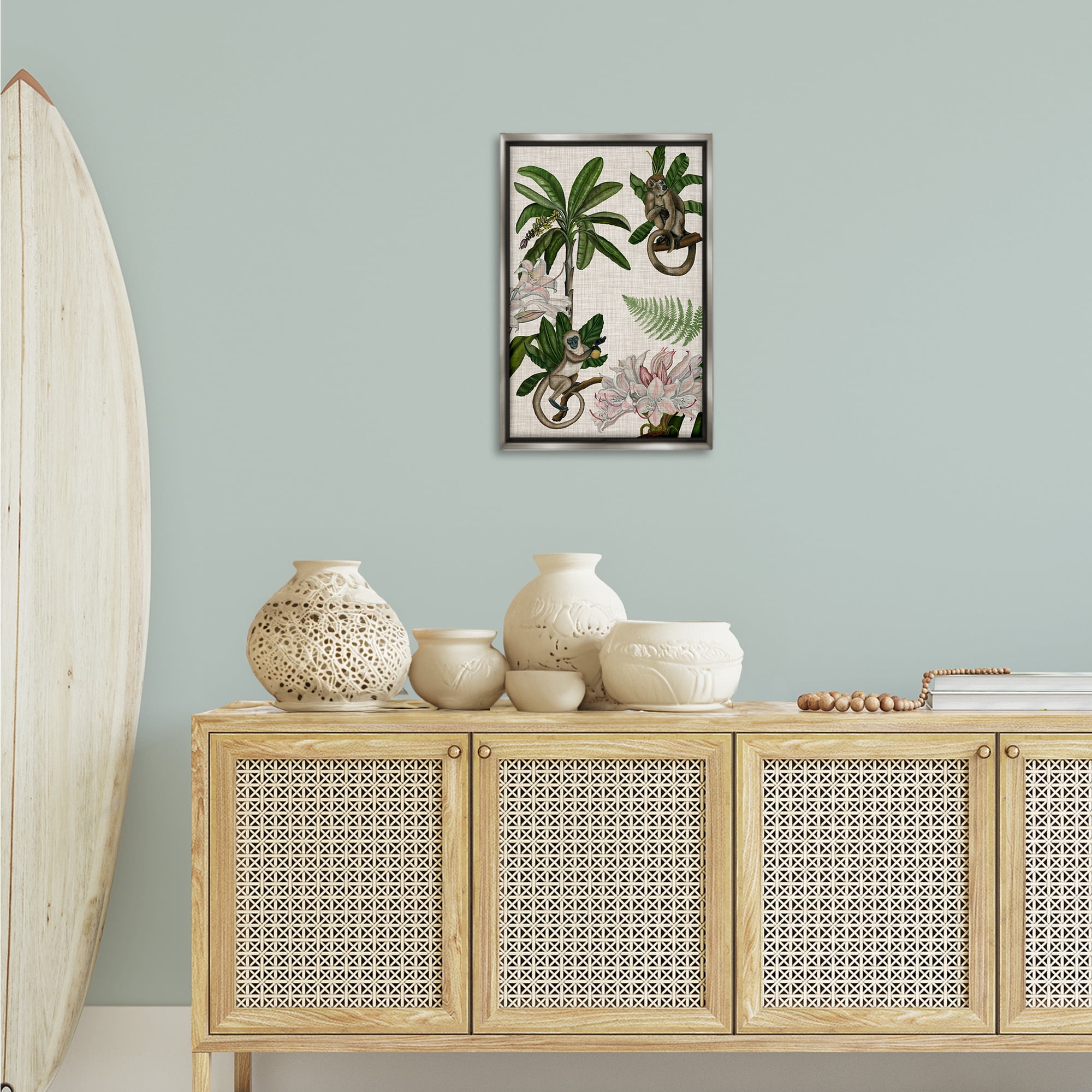 Stupell Industries Tropical Monkey Studies Plants & Flowers Painting Gray Floater Framed Canvas Art Print Wall Art, 17 x 25