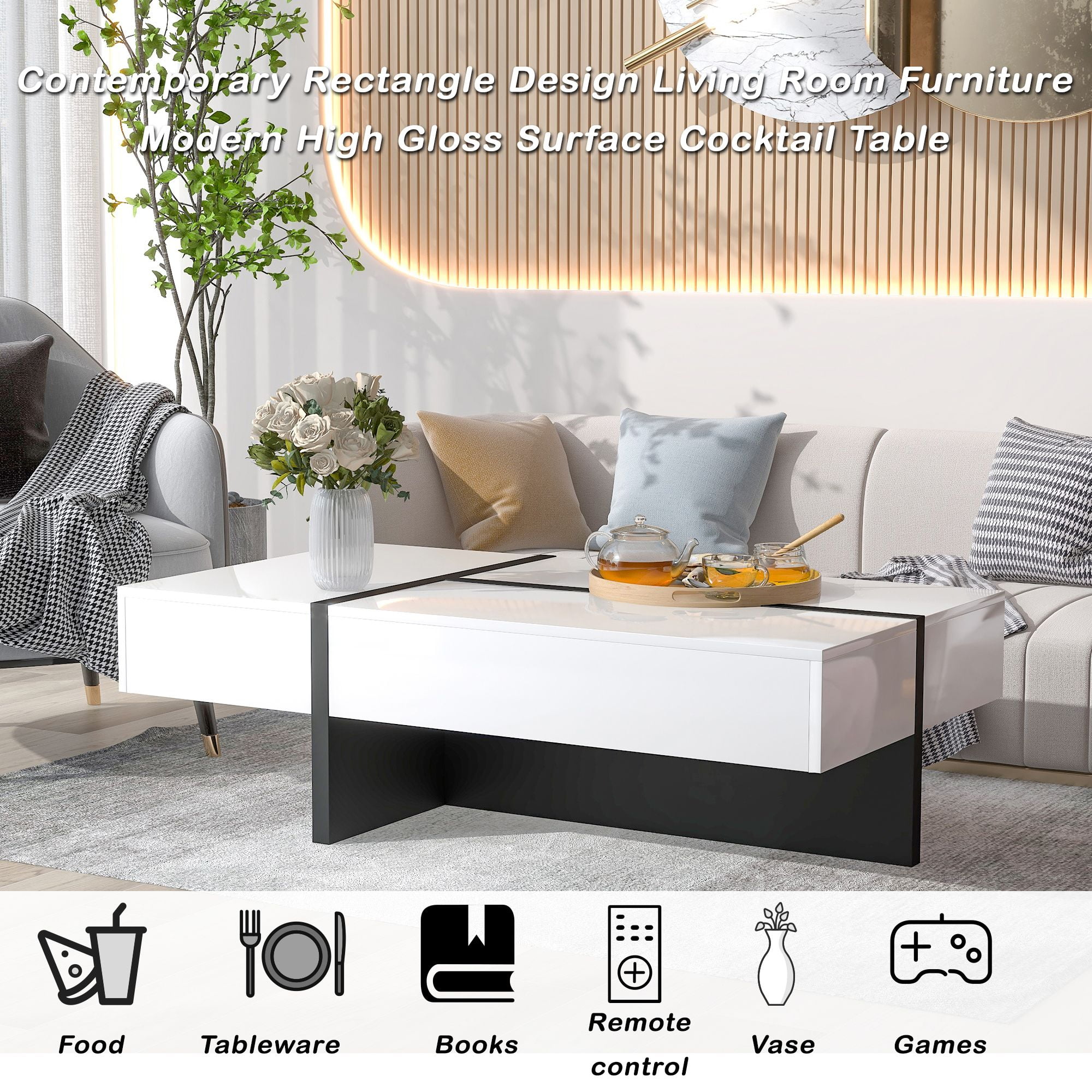 Aukfa Modern Particleboard Coffee Table with Storage Compartment, White