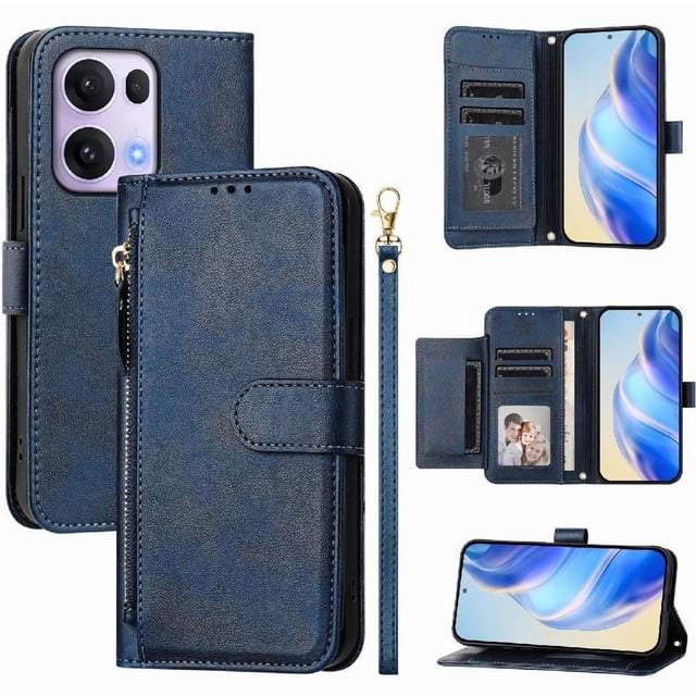 Filp Case for Oppo Reno13 Pro Zipper Pocket Magnetic Flip Wallet Phone Case with 7 Card Slots and Wrist Strap