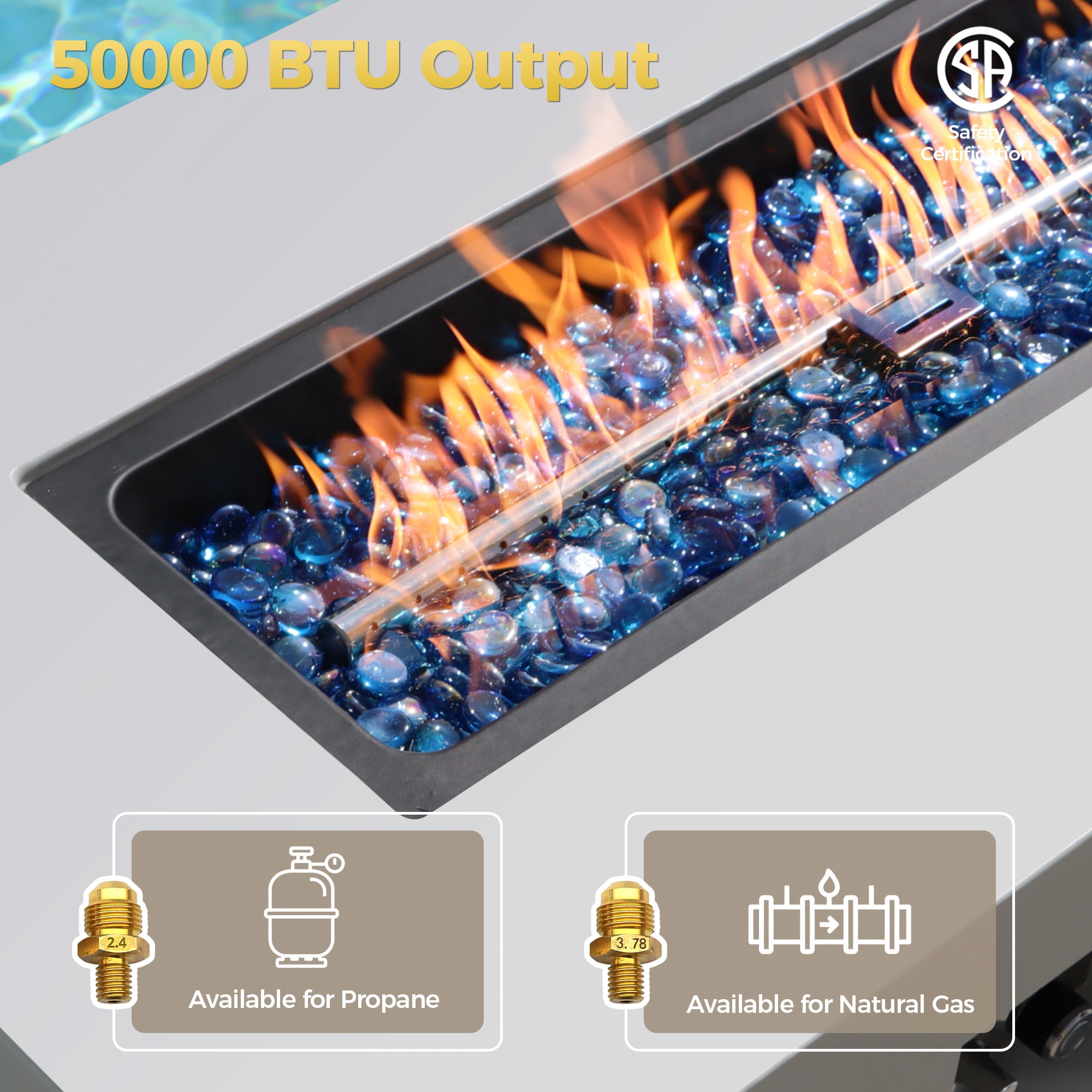 RADIATA 42” Rectangle Fire Pit Table, Dual Fuel Propane & Natural Gas Outdoor Firepit with Tank Table, 50000 BTU, Light Gray