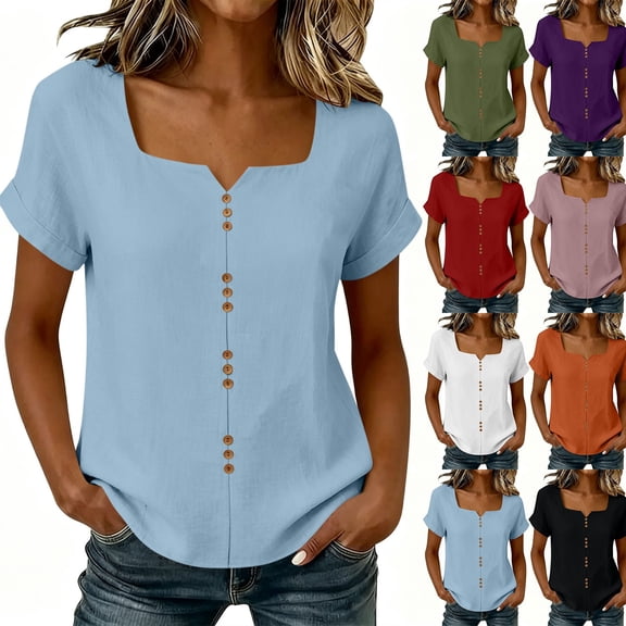 Craaazy Summer Short Sleeve Shirts for Women Plus Size Solid Color Cotton Casual Summer Tops for Outings