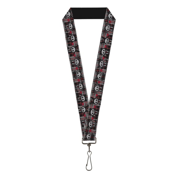 Skelanimals Lanyard, Skelanimals Five Animals and Face Logo Plaid Black Red White, Elastic