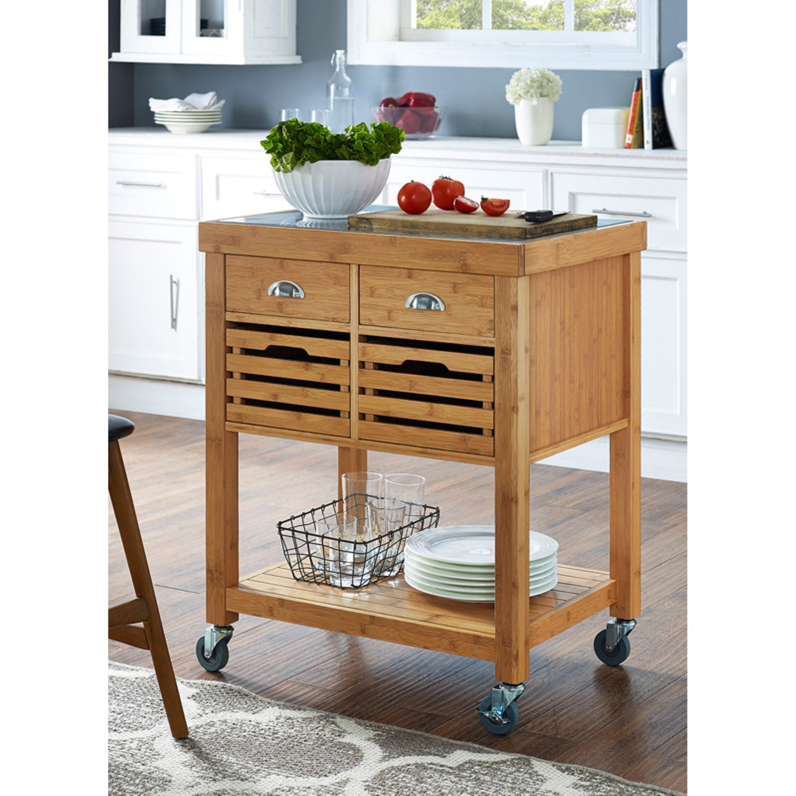 Bamboo Kitchen Cart With Stainless Steel Top