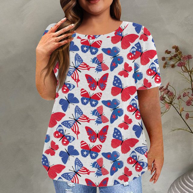 Fiudx Camisas de Mujer Día de La Independencia Moda Mujeres Manga Corta Floral Impreso Cuello Redondo Sobre Tamaño Tops Verano Camiseta Blusa