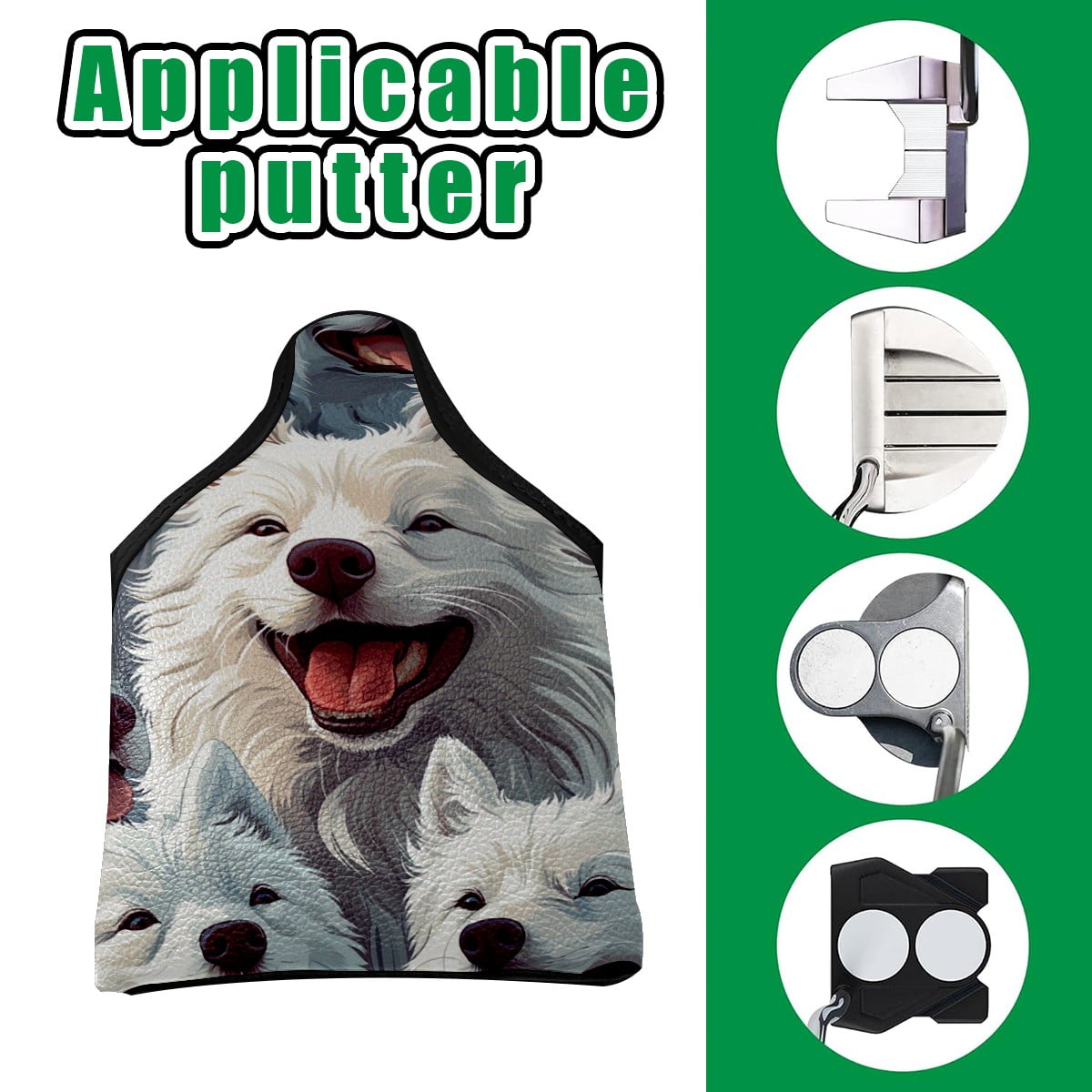 Golf Mallet Putter Cover Premium Leather Waterproof Golf Putter Head Cover with Magnetic Closure Cute Samoyed