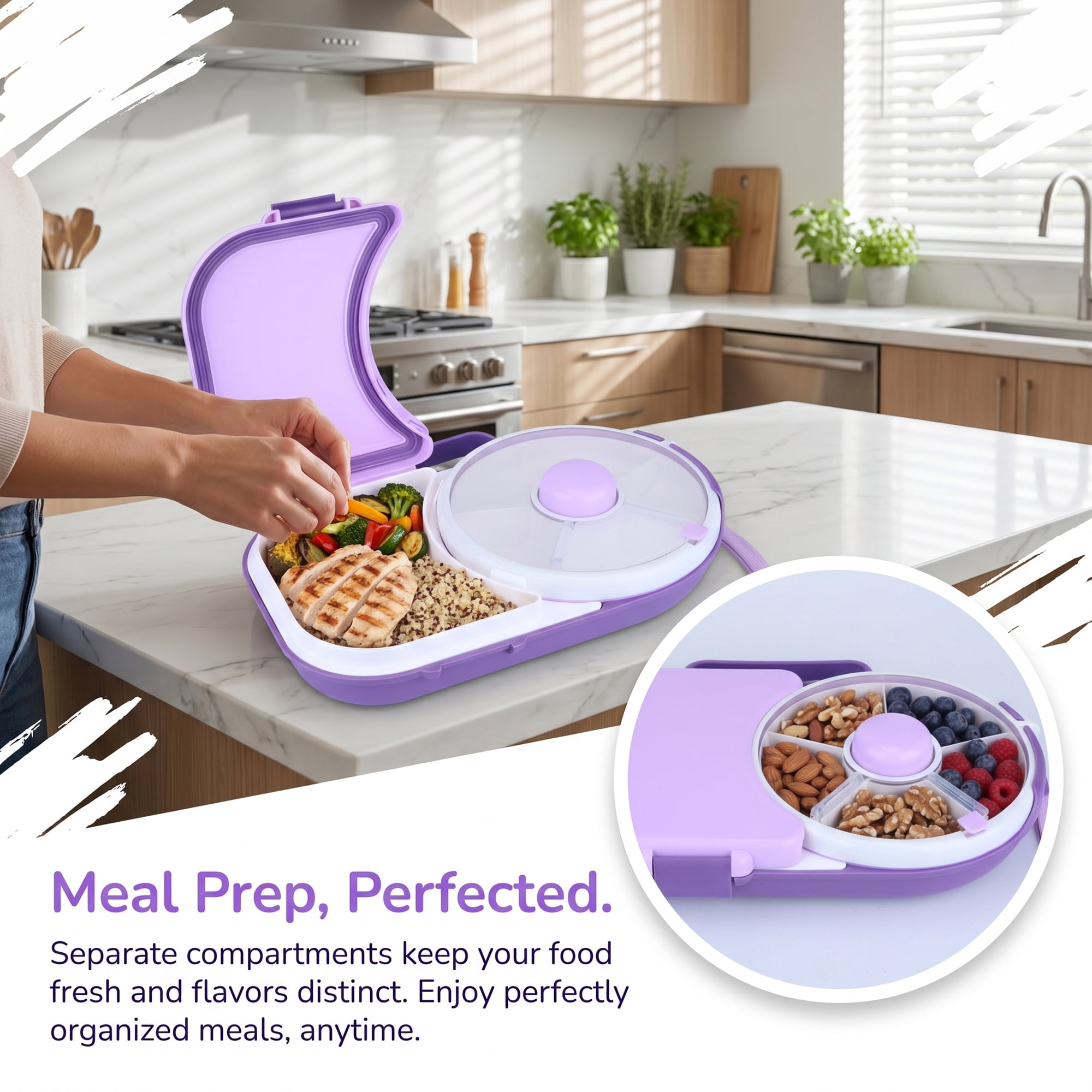 Unique Bargains Rotatable Divider Carry Strap Lunch Bento Box for Work Purple