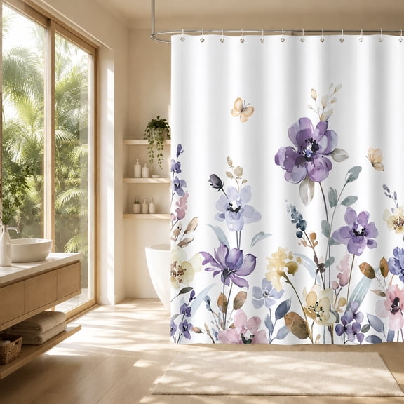 Bevtee Purple Floral Shower Curtain, Bathroom Butterfly Flower Shower Curtain Set, Polyester Shower Curtain with 12 Hooks, Waterproof, 72” x 72”
