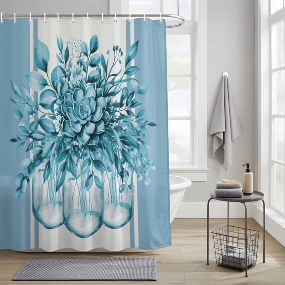 Bathroom Shower Curtain Country Teal Flower Botanical Waterproof Shower Curtains with Hooks, Modern Watercolor Stripes Bath Curtains Bathtub Curtain Home Decor 36x72in