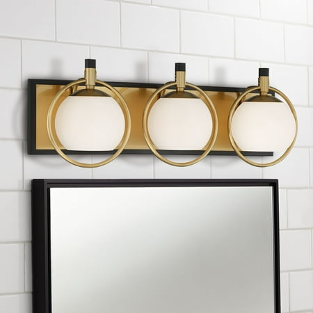 

Possini Euro Design Modern Wall Mount Light Brass Black Hardwired 26 Wide 3-Light Vanity Fixture White Glass Globe Bathroom Home