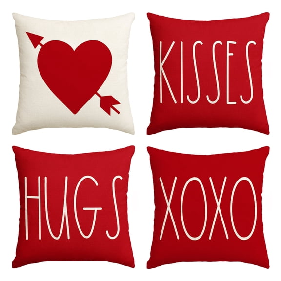 Sm:)e Love Heart Kisses Hugs XOXO Valentine's Day Throw Pillow Cover Set of 4, 18 x 18 Inch Decorative Farmhouse Outdoor Pillow Case, Red