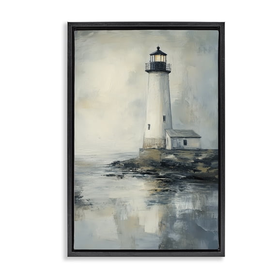 Stupell Industries Transitional Moody Lighthouse Reflecting Black Floating Frame Canvas Art, 17 x 25, by Petals Prints Design