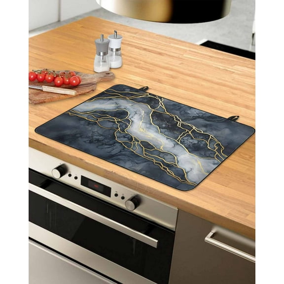 nqOlkjepod Large Induction Cooktop Protector Mat 24"x21", Marble Stove Top Covers for Electric Stove, Navy Blue Modern Luxury Gold Texture Decorative Stove Burner Cover Mats, Glass Top Stove Cover