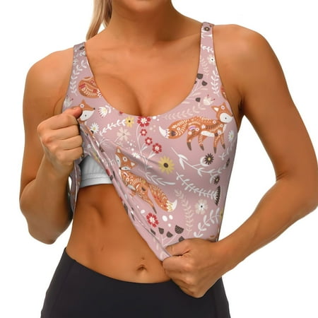 Qokaie Beautiful Fox Pattern Womens Scoop Neck Sports Bra Breathable Workout Vest Padded U Back Medium Impact Fitness Gym Yoga Bra Workout Crop Top