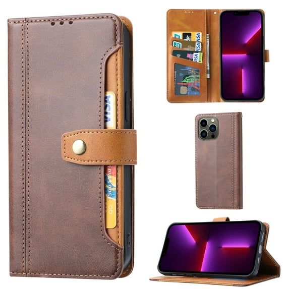 Elehold Clasp Wallet Case for iPhone 14 Pro Max 6.7 inch Ultra Slim PU Leather+Soft TPU Shockproof with Kickstand Folio Flip Card Cash Slot Full Body Protection Case,Coffee