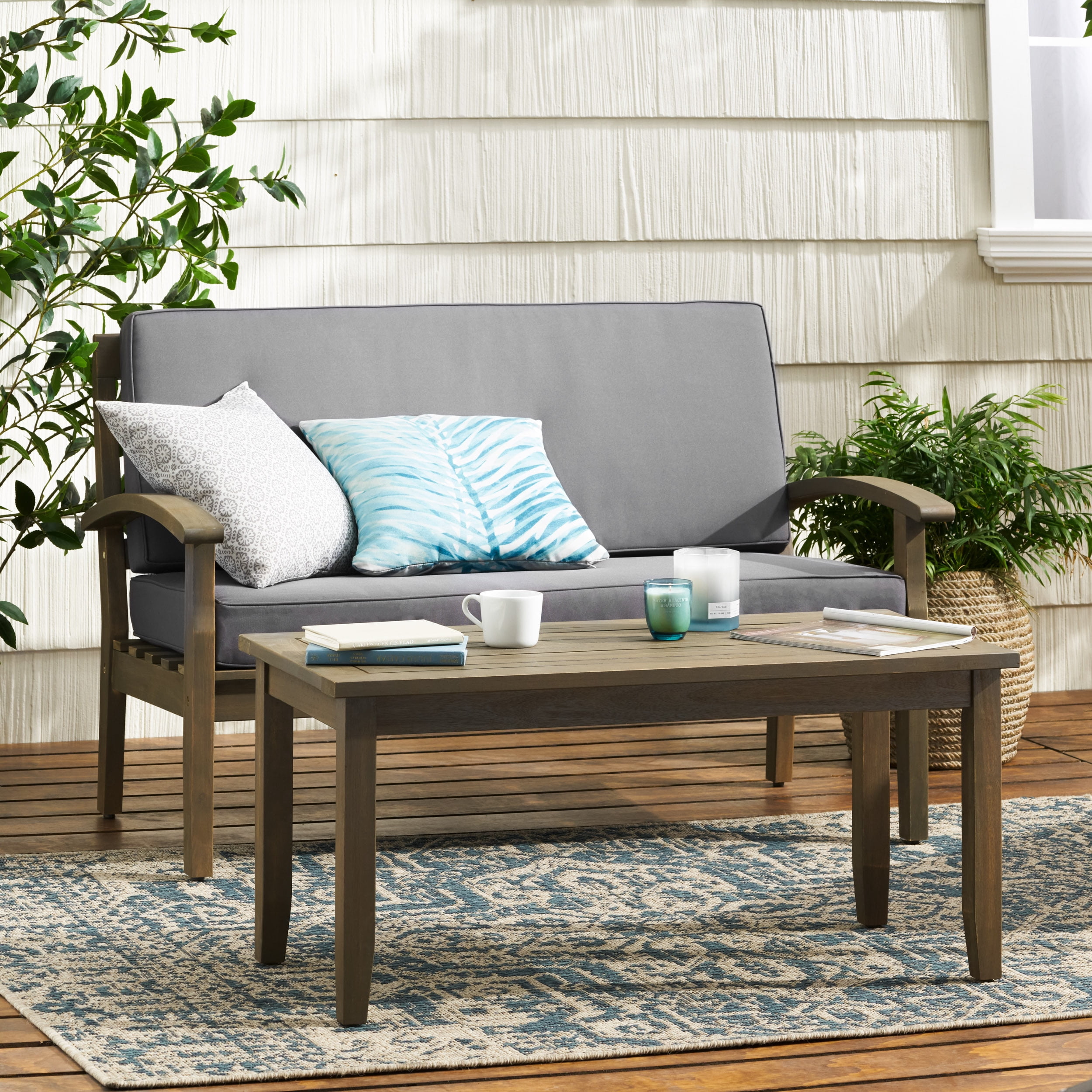 Outdoor Loveseat and Coffee Table Combined Leisure Set, Acacia Wood Frame Furniture for Patio Garden, Gray