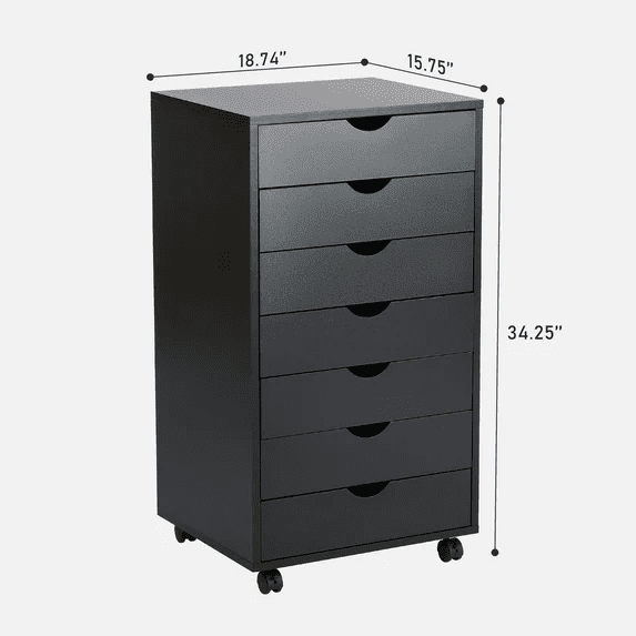 EDX 7 Drawer Storage Cabinet - Solid Wood Mobile Dresser and Filing Cabinet for Bedroom/Office and Home Office Under Desk on Rollers, Black