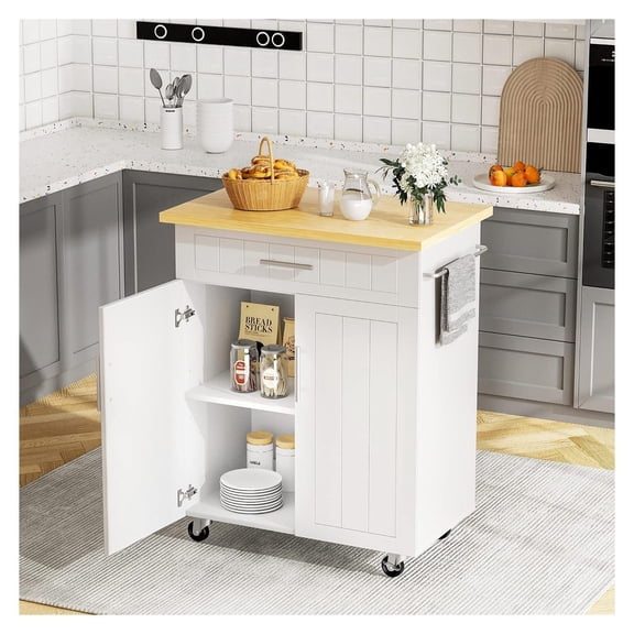 Kitchen Island Cart Rolling - 26" White Storage Cabinet