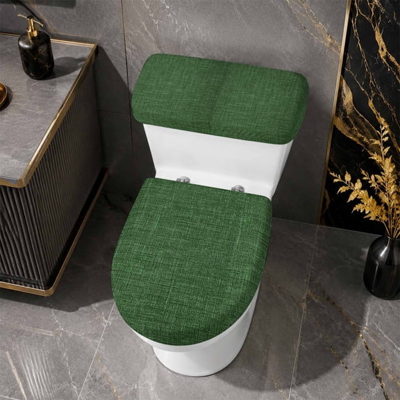 Dark Green Burlap Texture Toilet Lid Cover with Tank Cover Set 2pcs, Stretch Fabric Toilet Seat Protector, Farmhouse Vintage Green Washable Universal Fit Bathroom Accessories for Home Hotel Toilets