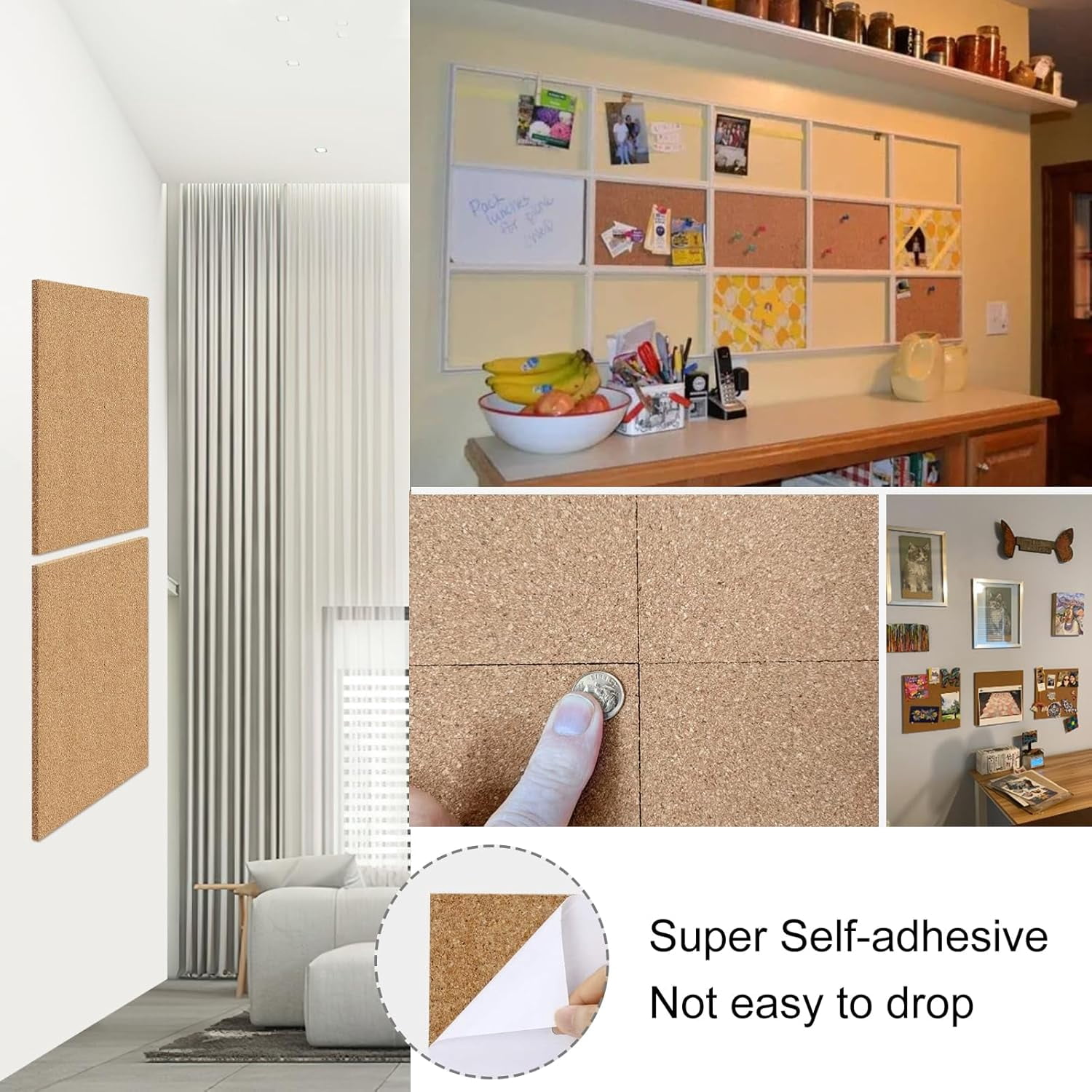Cork Board 6 Pack 12 x 12 Self-Adhesive Corkboards for Wall Square Bulletin Board with 100 Push Pins Frameless Cork Tiles for Walls Home Office