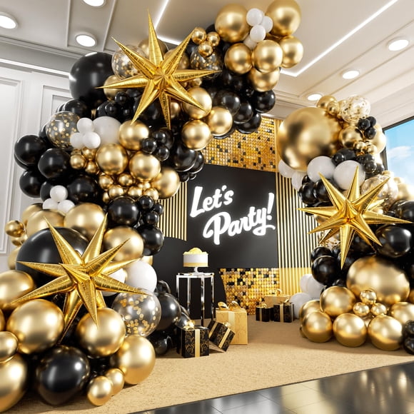 Juego de globos con forma de arco y guirnalda para decoración de fiestas, negro y dorado