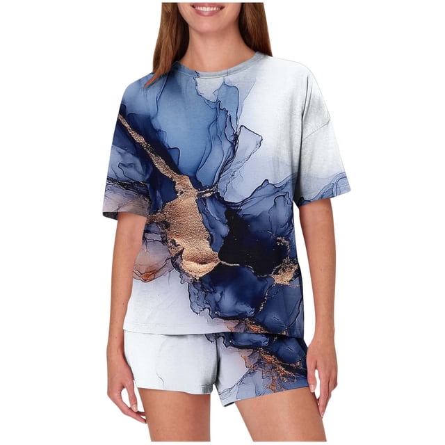 Trajes de Pantalones para Mujeres Casual Suelta Impresión Manga Corta, Cuello Redondo Pantalones Cortos Pijamas Poliéster