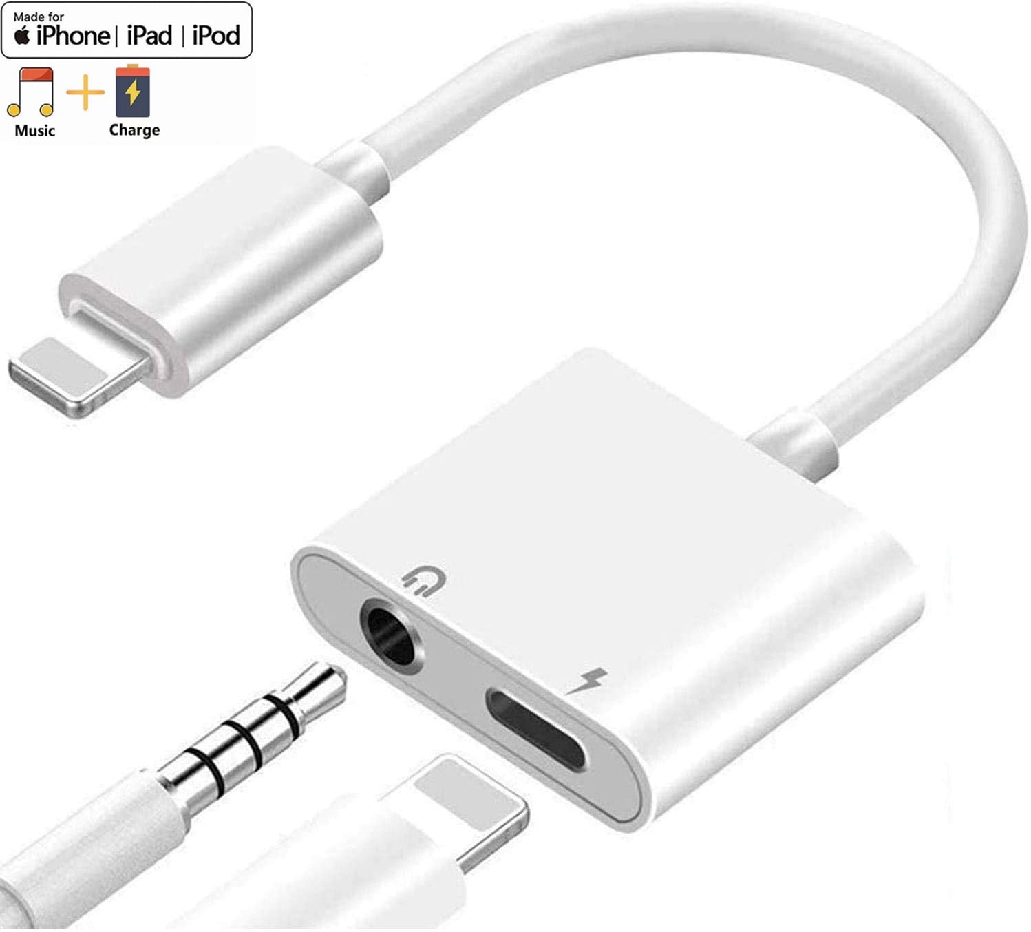 Headphones Adapter for iPhone 11 Jack 3.5mm Aux Audio Splitter Dongle Earphone Cable for iPhone 11 Pro//Xs//Xr//X//8 Plus//8//7 Plus//7 Headsets Accessories Cable Connector Support All iOS Systems-White