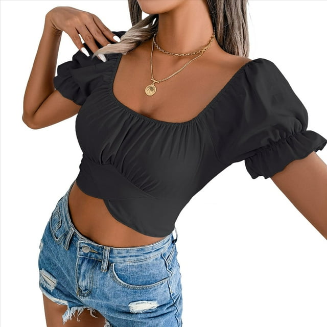 Blusa Informal de Verano con Cuello Cuadrado, Mangas y Hombros Descubiertos para Mujer, con Volantes y Lazo en la Espalda. Negro S