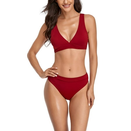 SWSMCLT Women s Summer Bikini Set 2 Piece Bathing Suit Cheeky Swimsuit Beach Padded Short Mid Rise Swimming Red 8-10