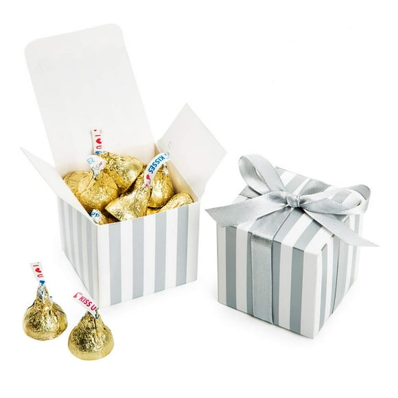 AWELL Small Candy Box Bulk 2x2x2 inch with Ribbon, Silver White Strips Box Party Favors Pack of 50