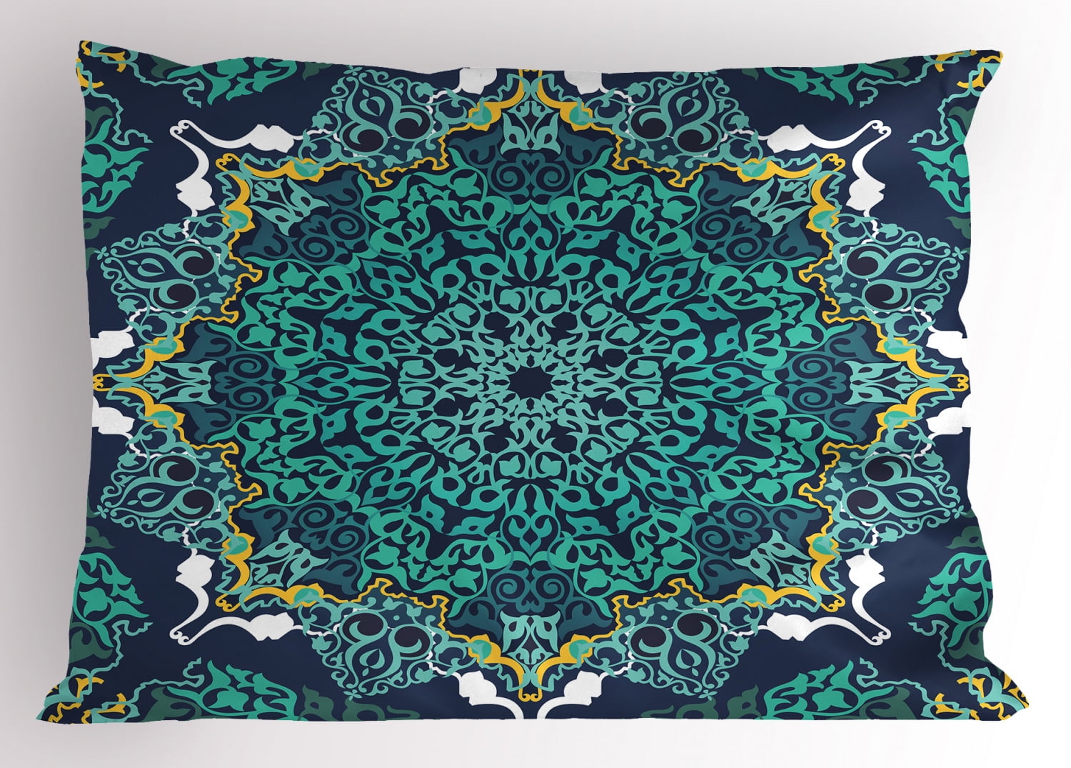 Turkish Pattern Pillow Sham Authentic Motifs of Ottoman Culture Round and Floral Shape, Decorative Standard Queen Size Printed Pillowcase, 30 X 20 Inches, Turquoise Dark Blue Yellow, by Ambesonne