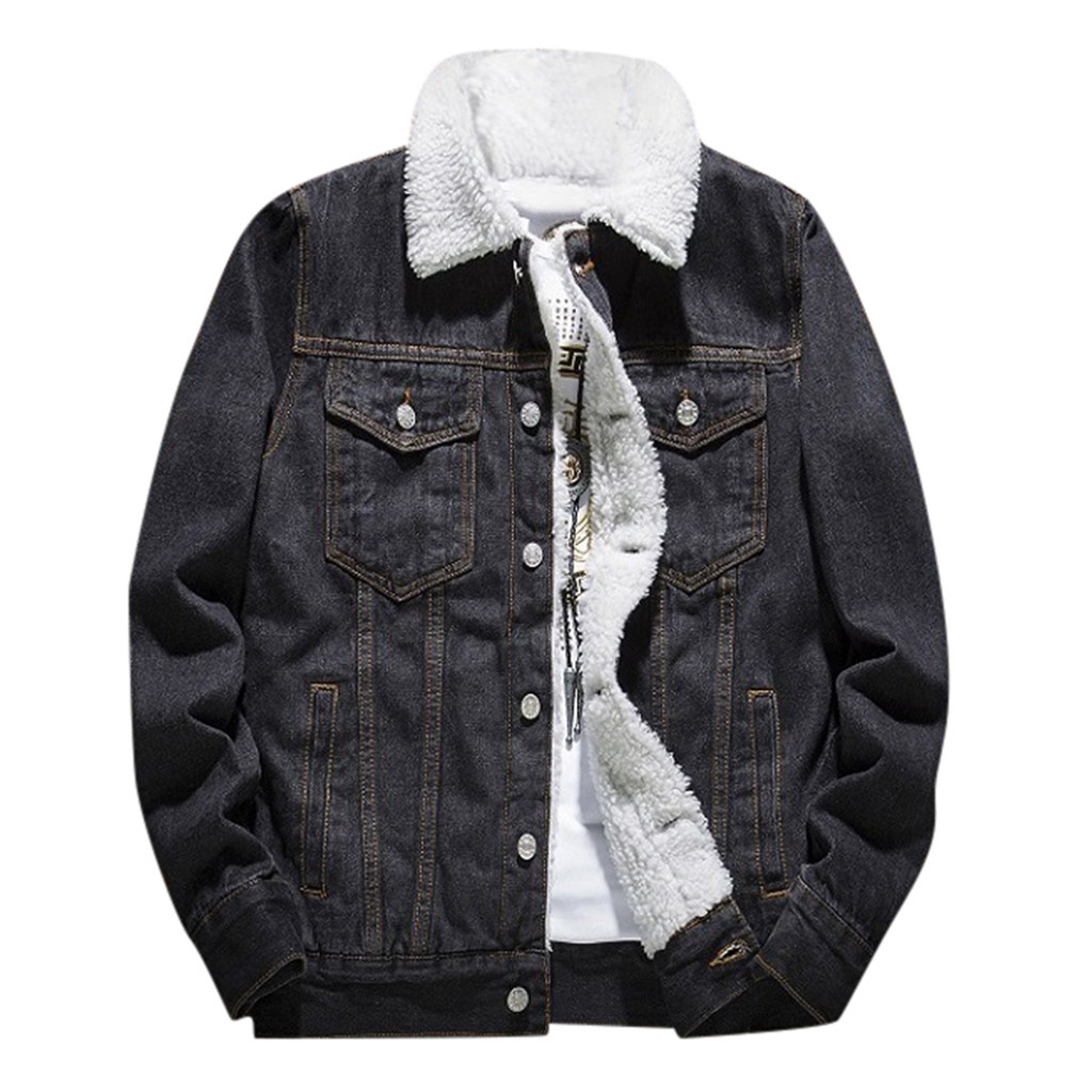 Mnycxen Mens Autumn Winter Add Wool Casual Vintage Wash Distressed Denim Jacket Coat - image 1 of 5
