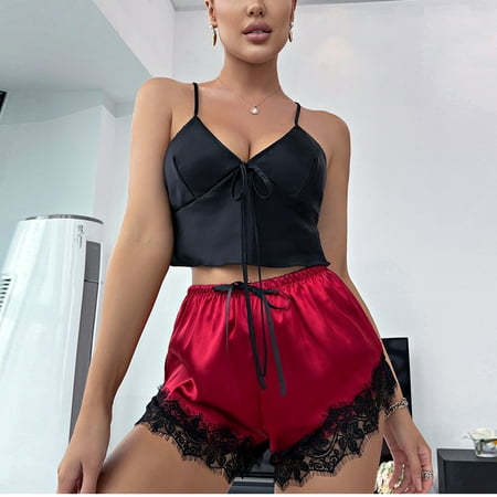 

SELONE Womens Pajama Set Lingerie with Shorts Backless Sleeveless Suspender 2 Piece Set Home Clothes Shorts Vest Shorts Pajama Suit Nightgowns for Valentines Day Anniversary Wedding Honeymoon Red M