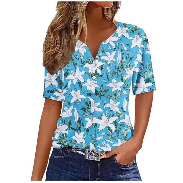 Tops Cortos para las Mujeres, Impreso Manga Corta V-Cuello Botón Arriba Blusa de Moda para el Hogar Y el Uso Diario