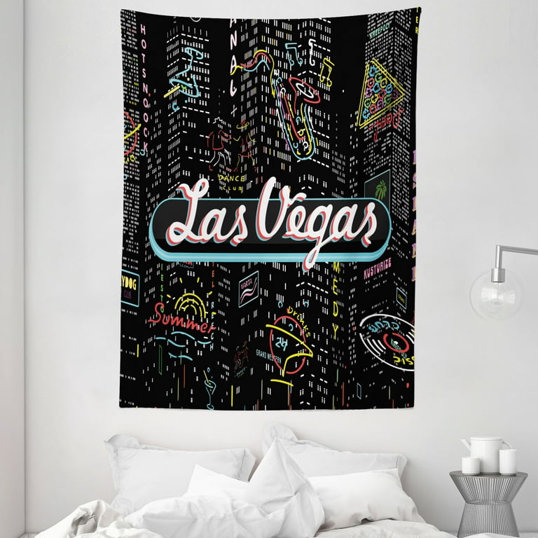 Ambesonne Las Vegas Tapestry, Colorful Elements of Vegas Entertaintment Monochrome Buildings Sax and Bar Signs, Wall Hanging for Bedroom Living Room Dorm Decor
