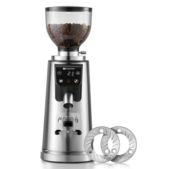 Molino de café MOKKOM con muelas planas de 64 mm, 100 ajustes y temporizador LED
