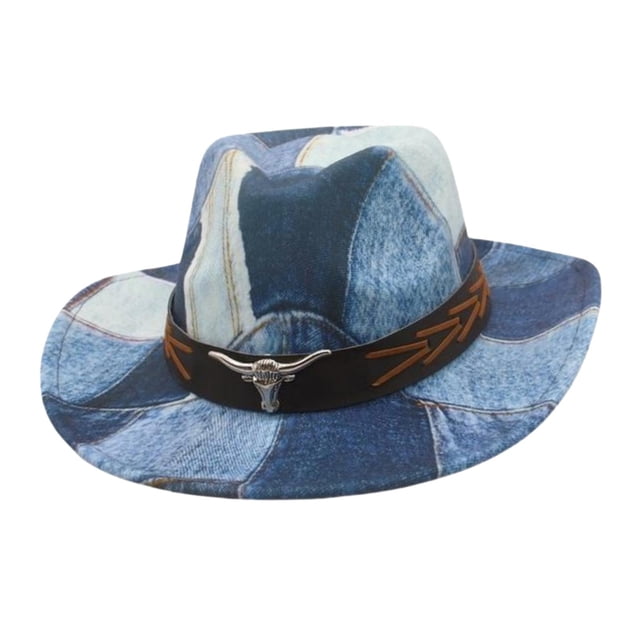 Milaget Patchwork Cowboy Hat Comfortable Sun Protection Hat for Cosplay Travel Beach Light Blue