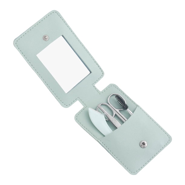 Kit de recortador de cejas 5 en 1 con tijeras, maquinillas, pinzas, cepillo y espejo para mujer. Incluye estuche de cuero para transportar las tijeras.