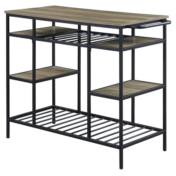 Rustic Oak & Black Industrial Kitchen Island Cart with 4 Open Shelves, Sturdy Metal Frame, 47.5" W x 24.5" D x 36.5" H, Perfect for Dining Room & Kitchen Storage