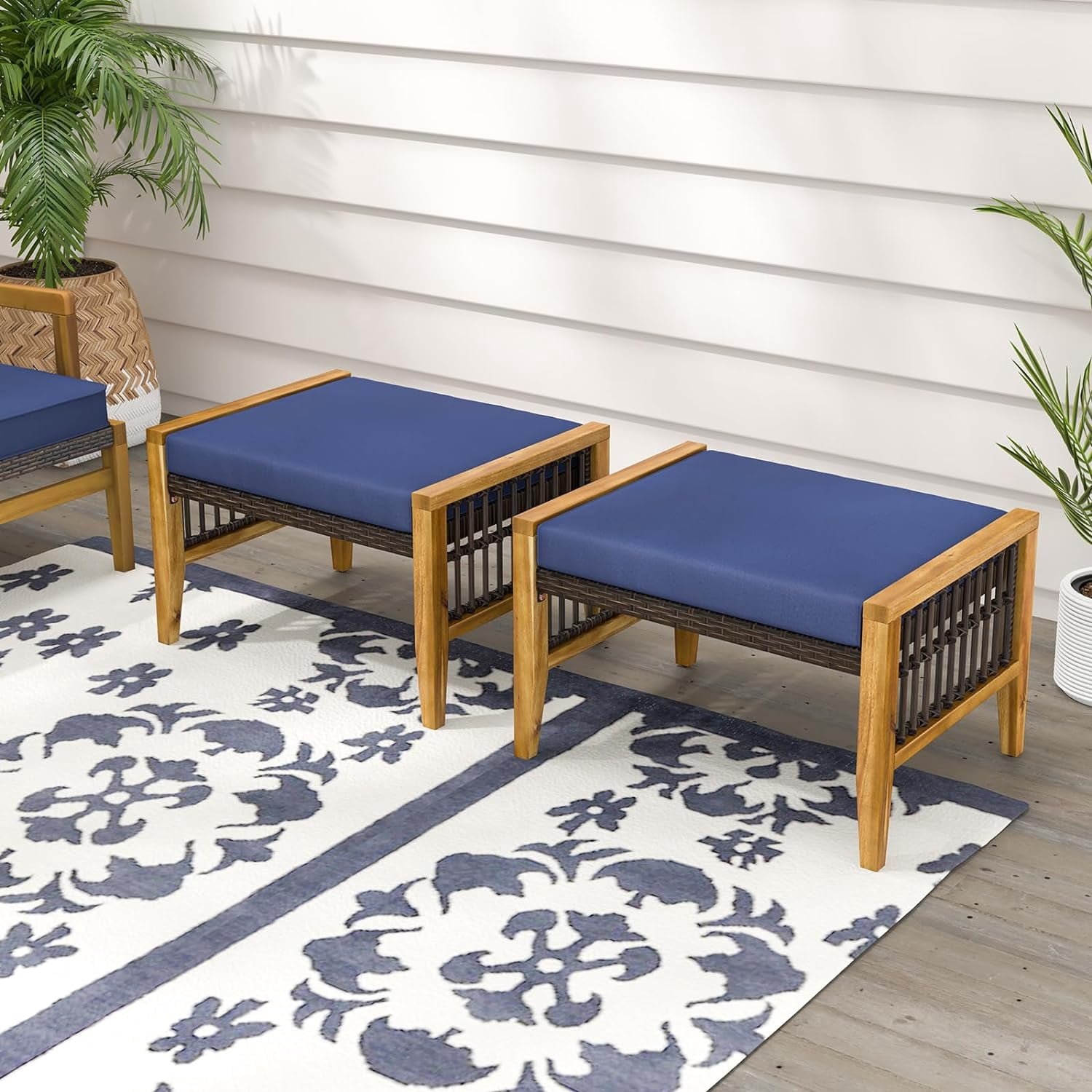 Set of 2 Patio Acacia Wood PE Rattan Ottoman Footrest Seat with Cushion & Adjustable Foot Pad