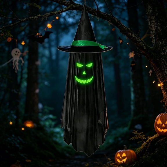YANDE - 39.4in Height Black Fabric Light-Up Hanging Witch Ghost, Halloween Glowing Floating Decor, Front Door Tree Suspended Prop for Night Party Atmosphere