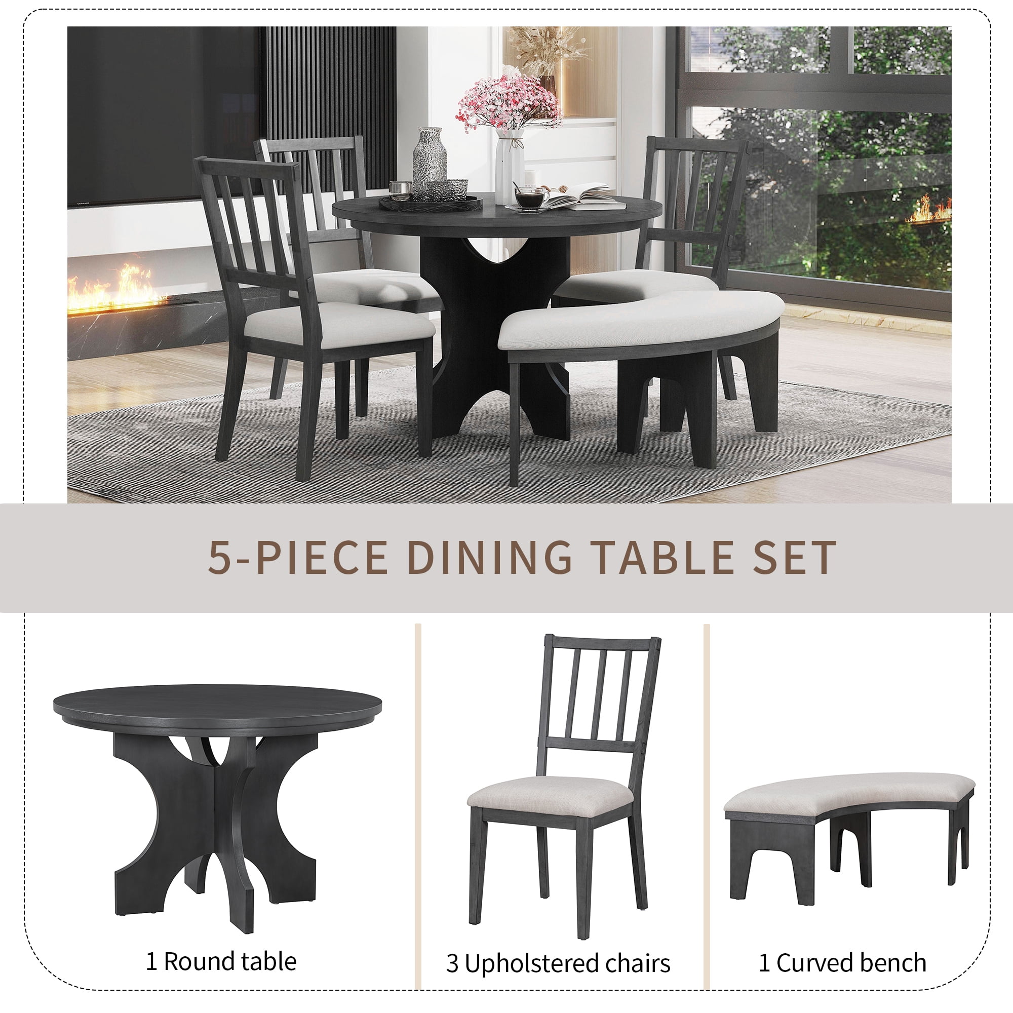 Euroco 5-Piece Round Dining Set,Rustic Kitchen Table Set with 3 Upholstered Chairs and Curved Bench for Dining Room/Kitchen/Living Room,Gray