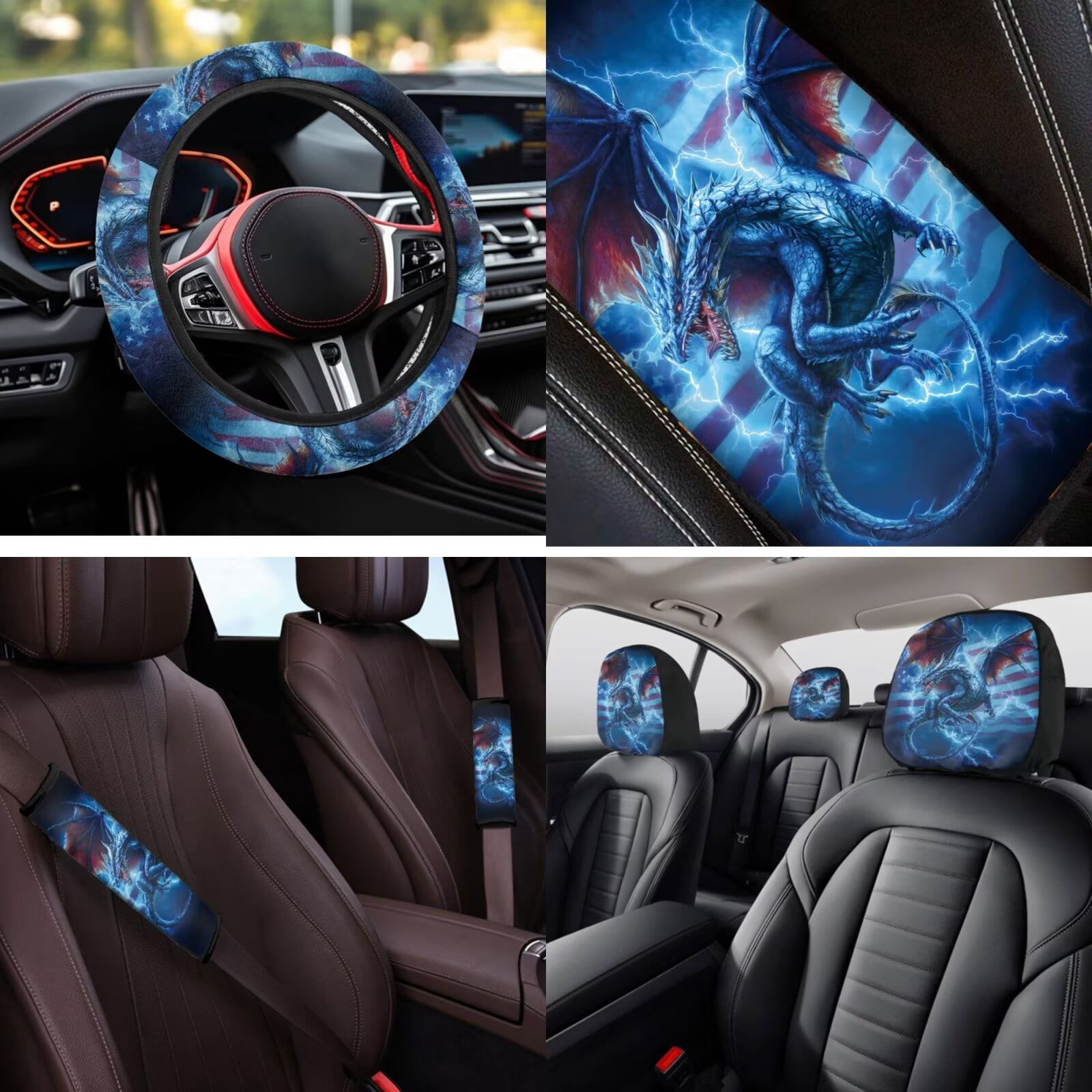 Binienty Western Dragon Lightning Car Seat Covers Full Set with Matching Steering Wheel Cover American Flag Car Interior Decor Set for Truck Van Sedan Car Armrest Cover Seat Belt Covers Coasters
