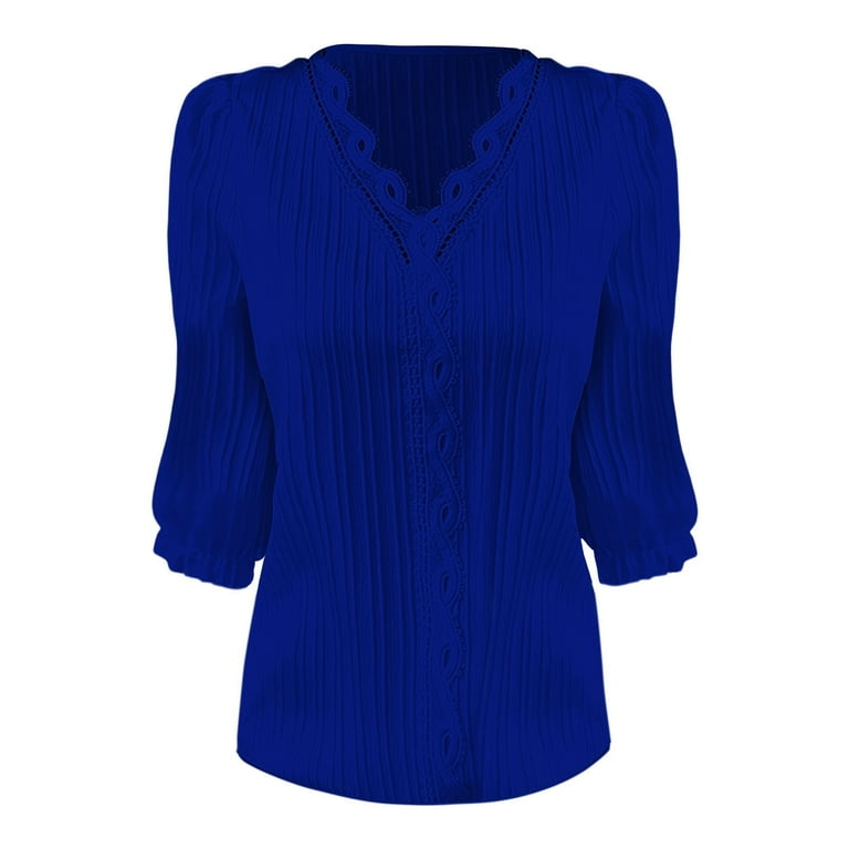 ZICTH Blue Ladies Tops and Blouses Women Summer Lace V Neck Plain Lace Elegant Shirt Fashion Solid Color Elegant Blouse 3/4 Length Sleeve Plus Size