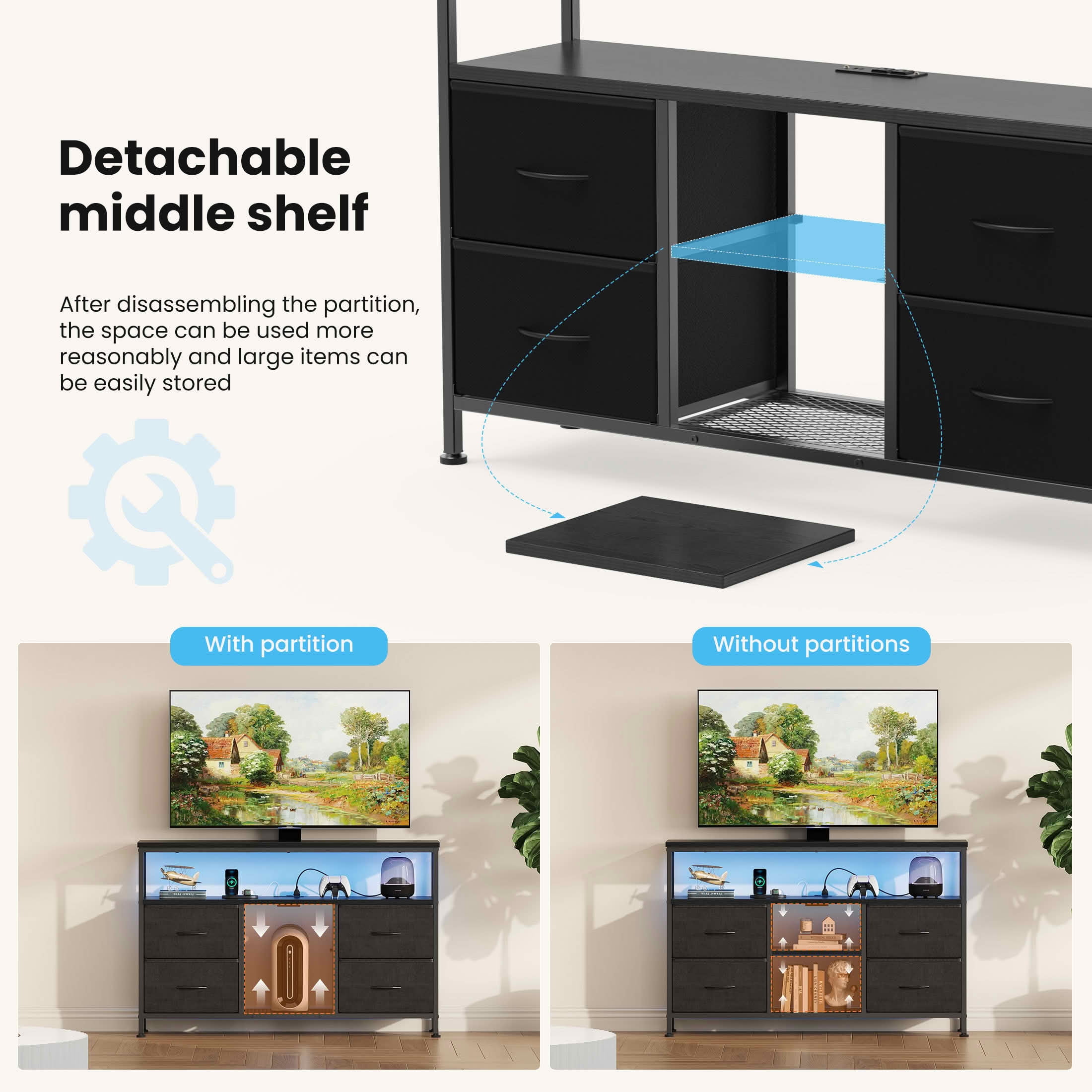 MAYEERTY 50-Inch TV Stand with 4 Drawers LED Lights & Power Sockets, Open Shelves Adjustable Feet