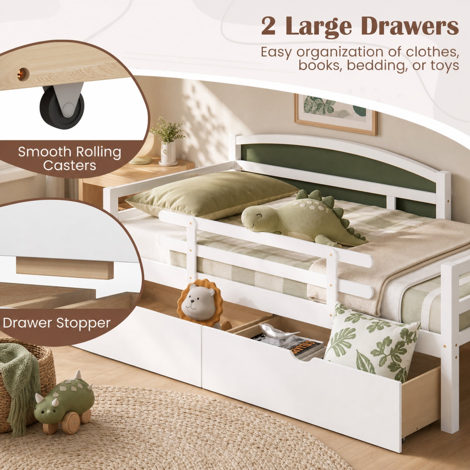Furnibear Twin House Bed with Dustproof Tent 2 Large Storage Drawers Roll Up Curtains Rolling Casters Protective Fences and Solid Wood Frame, White