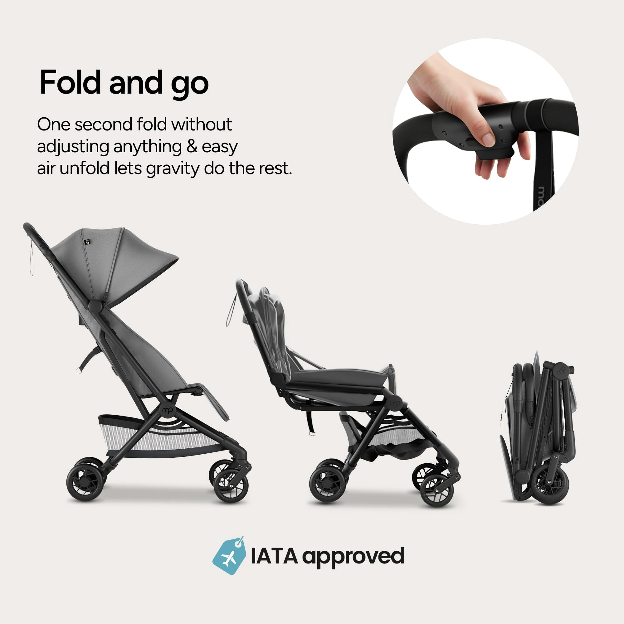 Mompush Velo Lightweight Travel Stroller with Lie-Flat Recline Seat, Airplane Friendly, Gray, 18.8 LB, Unisex