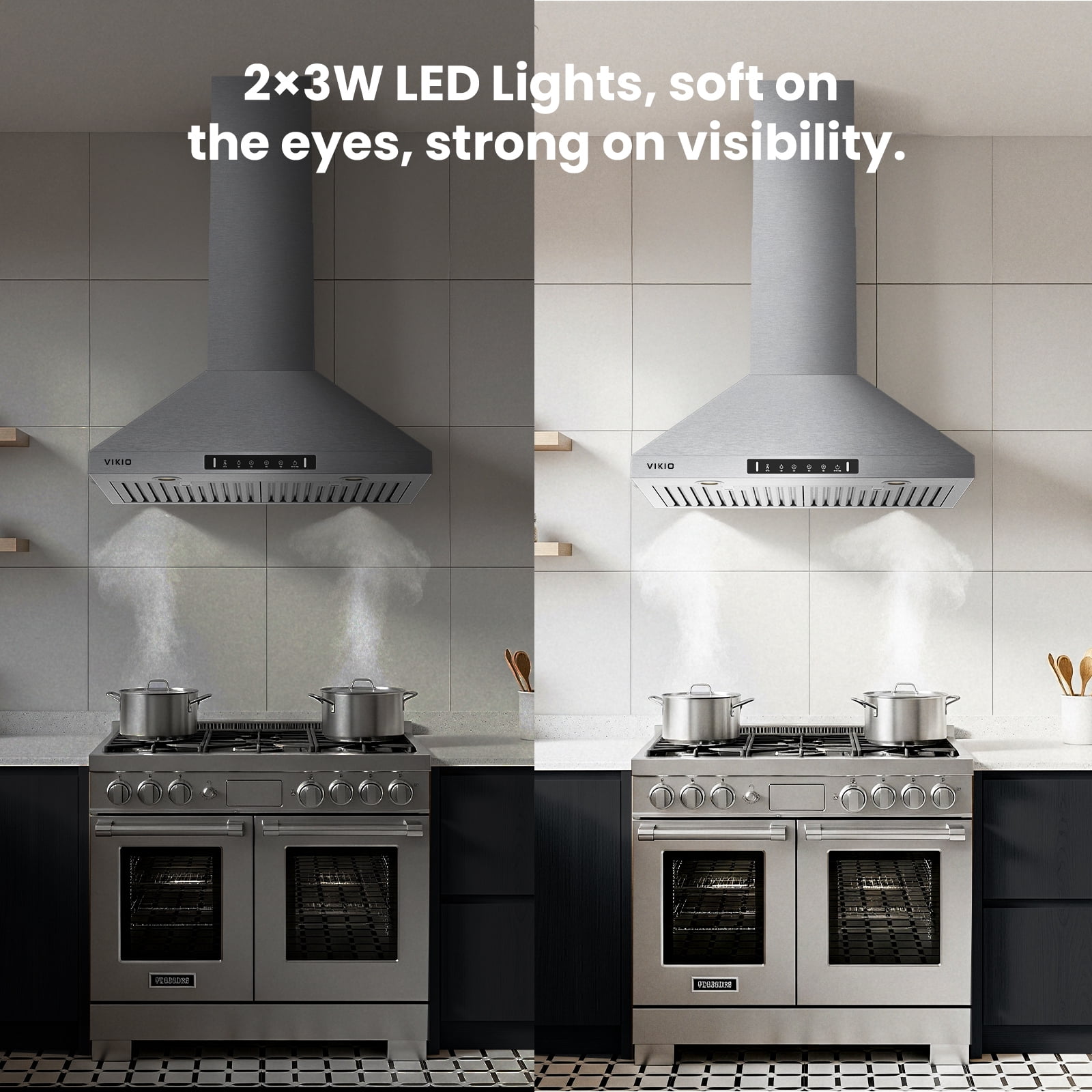 VIKIO 30 inch Wall Mount Range Hood 900CFM Convertible Ducted to Ductless Exhaust Fan , Carbon Filter, Touch Panel, Stainless Steel