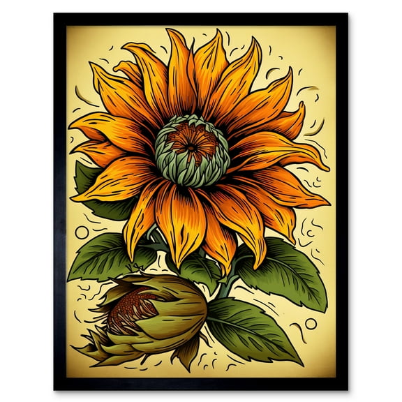 Sunflower Bloom Old School USA Tattoo Ink Body Art Rockabilly Americana 50s Art Print Framed Poster Wall Decor 12x16 inch