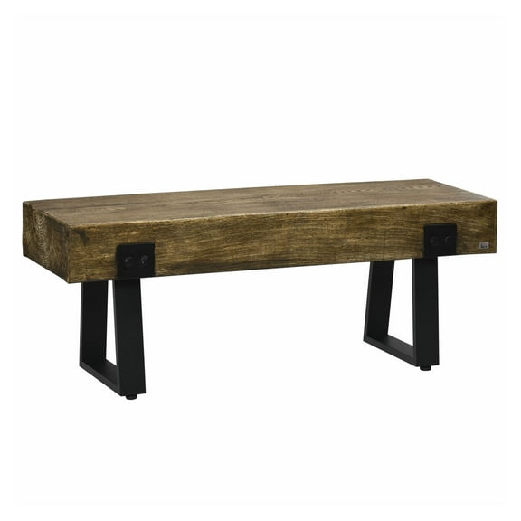 Garden Bench with Metal Legs, Rustic Wood Look Concrete Bench, Outdoor Patio Furniture for Entryway, Porch, Lawn, Natural/Black